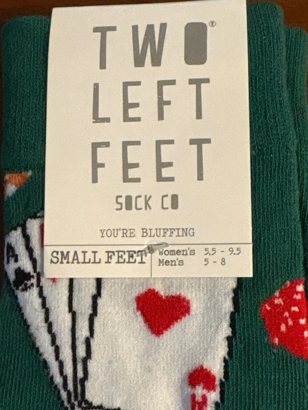 Unisex Two Left Feet You’re Bluffing Poker-Themed Socks Small Feet Green Cotton